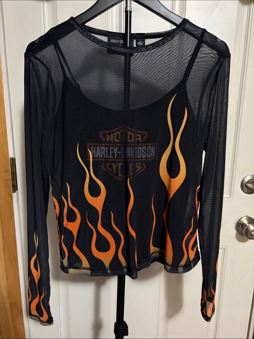 Harley Davidson Mesh Flame Long Sleeve Top with Attached Cami
